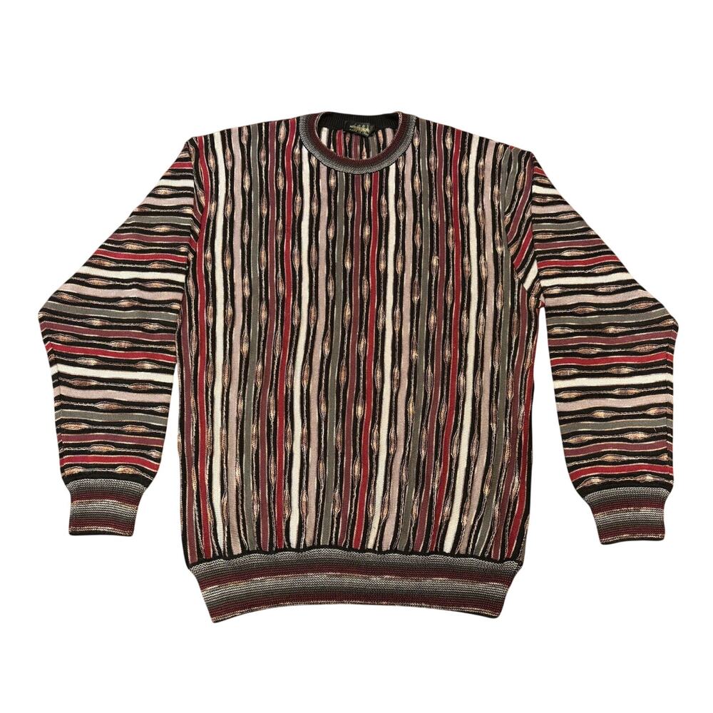 XL Montechiaro Mercerized Cotton 3D Knit Sweater Multicolor Stripe Made Italy